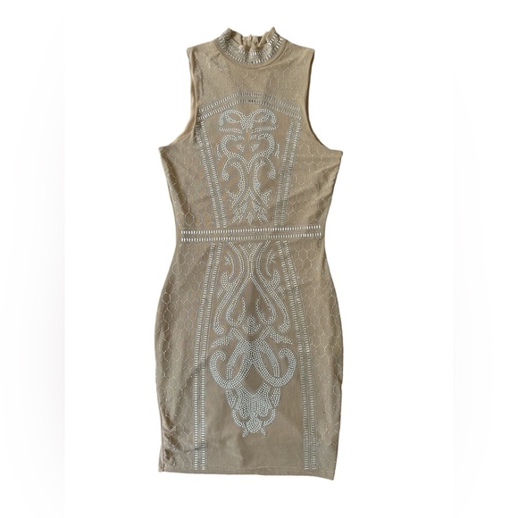 Fashion Nova Bling Rhinestone Halter Mini Dress - Nude Tan Women’s Size Large - Picture 2 of 9